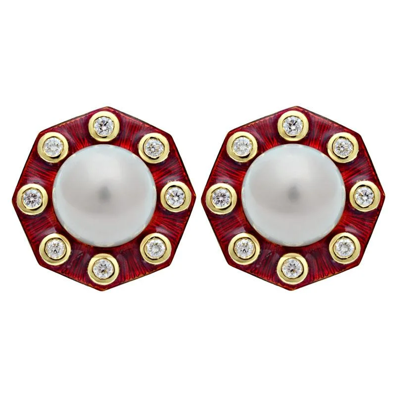 gemstone earrings for special occasions -Earrings-South Sea Pearl and Diamond (Enamel)  (2105L)