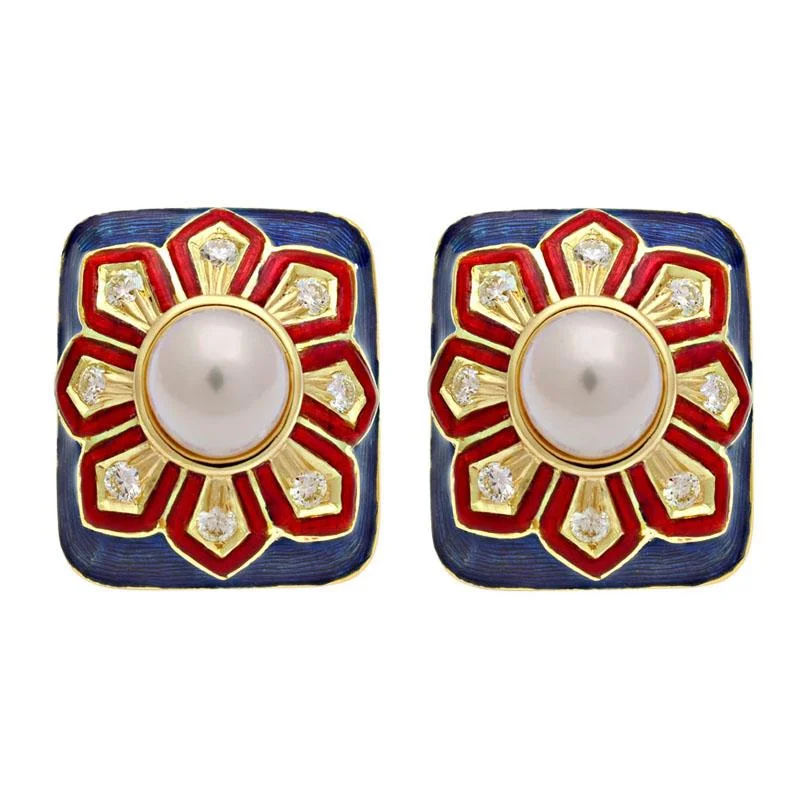 geometric earrings for women -Earrings-South Sea Pearl and Diamond (Enamel)  (2109E)