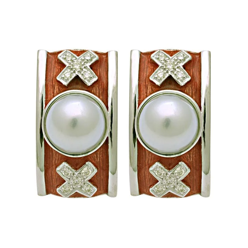 gold teardrop earrings for weddings -Earrings-South Sea Pearl and Diamond (Enamel)  (194FS)