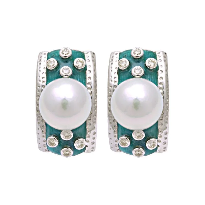 elegant pearl earrings for formal events -Earrings-South Sea Pearl and Diamond (Enamel)  (194IS)