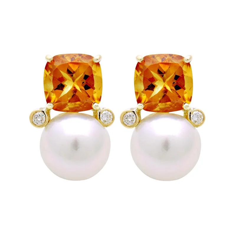 clip-on earrings for sensitive ears -Earrings-South Sea Pearl, Citrine and Diamond  (2043D)