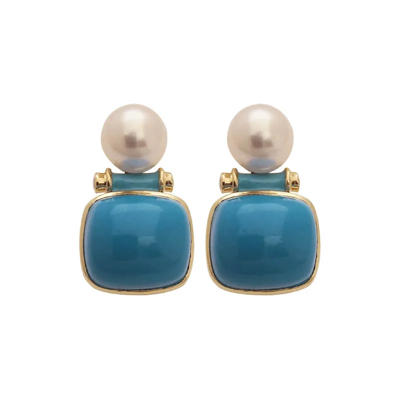 elegant pearl earrings for formal events -EARRINGS- SYNTHETIC TURQUOISE, S.S. PEARL AND DIAMOND IN 18K GOLD WITH ENAMEL