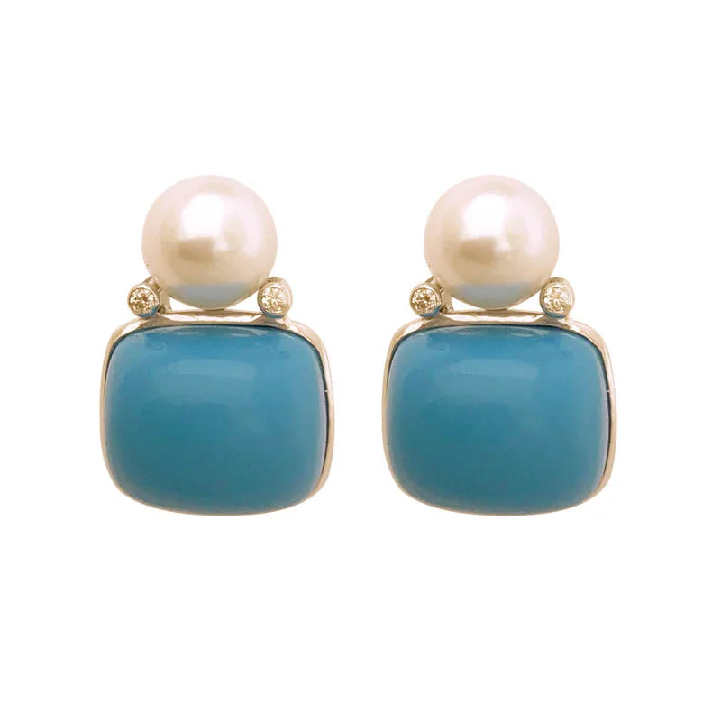 diamond drop earrings for formal events -EARRINGS- SYNTHETIC TURQUOISE, S.S. PEARL AND DIAMOND IN STERLING SILVER