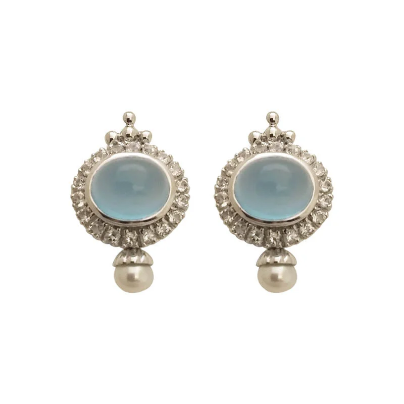 crystal earrings for special occasions -EARRINGS- WHITE TOPAZ, CHALCEDONY AND PEARL IN STERLING SILVER